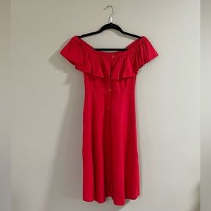 Red Off the Shoulder Linen-look Ruffle Dress with ✨pockets✨